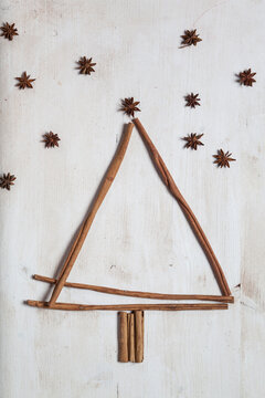 Christmas tree shaped by cinnamon sticks and star anise