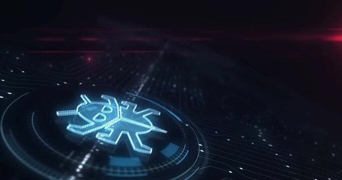 Worm virus cyberattack warning symbol digital abstract 3d concept. Finger touch screen. Cyber technology and network background. Man pushes computer display.