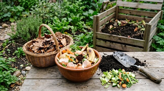 Organic kitchen scraps and leaves ready for garden composting