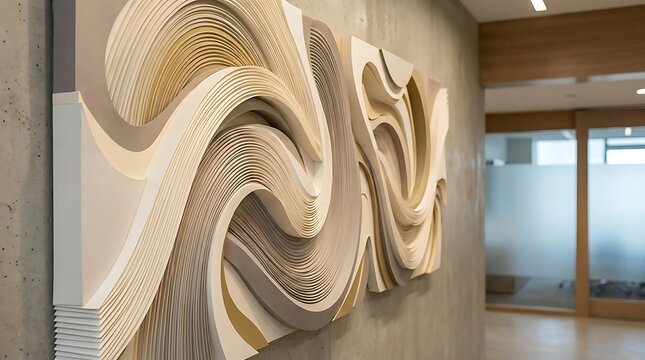 Abstract layered paper sculpture featuring flowing wavy lines mounted on a textured gray concrete interior wall