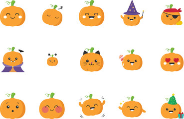 Fototapeta premium Cute cartoon pumpkins with various fun and festive expressions and costumes