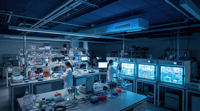 Woman scientist working in modern biotechnology laboratory with bioreactor and illuminated incubator. Female researcher conducting pharmaceutical research in medical science lab.