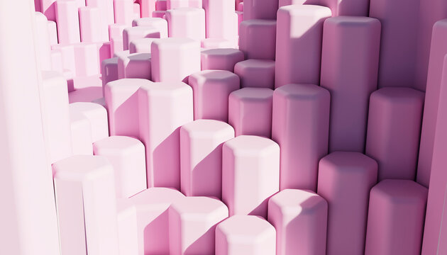 Abstract pink hexagonal columns form a modern 3d geometric background