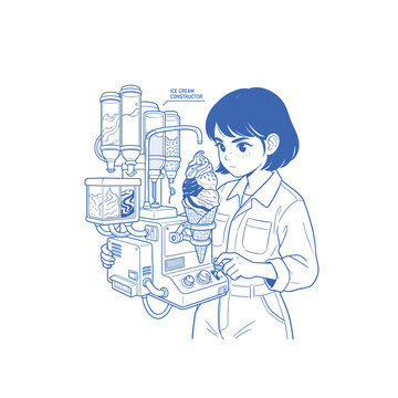 Anime Girl Operating Futuristic Ice Cream Constructor Machine