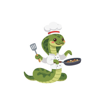 Cute Snake Chef Cooking with Frying Pan and Spatula, Cartoon Illustration