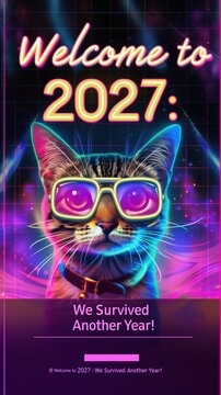 Trendy vertical New Year 2027 flyer, modern dancing cat, funny invitation 