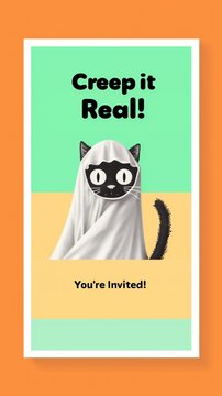 Trendy vertical Halloween party invitation flyer, neo-brutalism pop-art style. Funny bold text header: "Creep it Real! You're Invited!"