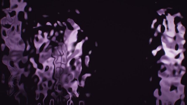 Abstract seamless 3d loop with purple liquid blobs on black, styled as glitch vhs scanline noise with a digital distortion aesthetic.