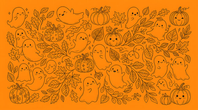 Cute halloween pattern featuring hand drawn spooky ghosts and fall pumpkins on vibrant orange background texture
