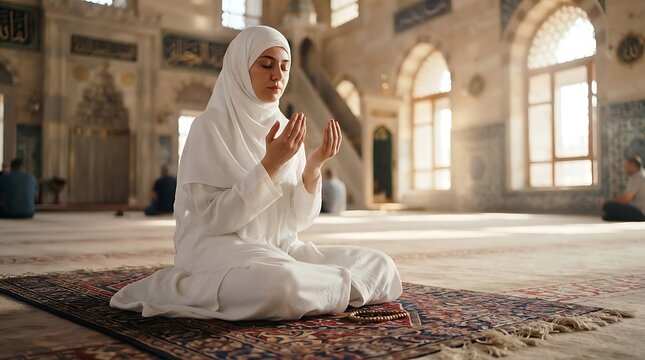 Young muslim woman in white hijab praying on a rug inside a beautiful sunlit mosque during the holy month of ramadan