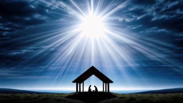 The nativity scene, bathed in the ethereal glow of the Star of Bethlehem, portrays the birth of Jesus in a humble stable. ..Created with Generative AI, not depicting real subjects.