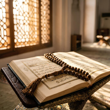Quran and Prayer Beads on Stand in Mosque Islamic Holy Book and Tasbih