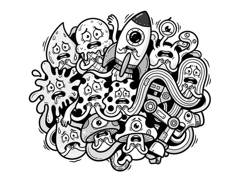 Black and white doodle illustration of a group of scared and anxious cartoon monster characters