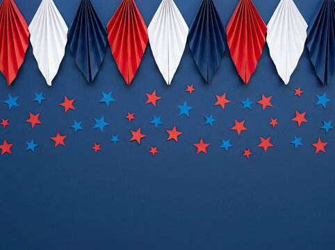 Red white and blue paper fans with stars on dark background ideal for holiday promos symbolizing American patriotism and national pride