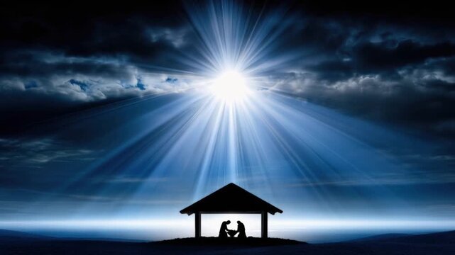A radiant star shines above a humble stable silhouette, casting divine beams of light onto a peaceful Nativity scene. ..Created with Generative AI, not depicting real subjects.