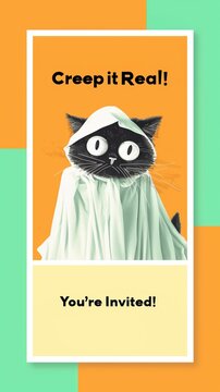Trendy vertical Halloween party invitation flyer, neo-brutalism pop-art style. Funny bold text header: "Creep it Real! You're Invited!"