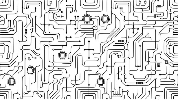 Modern Circuit Board Seamless Pattern with Digital Technology Network and Microchip Elements Vector Design