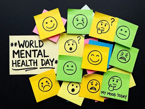 Sticky notes with facial emoticons for mental health campaigns symbolizing emotional diversity and mood awareness on World Mental Health Day
