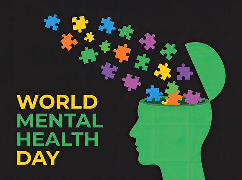 Colorful puzzle pieces flying from open head silhouette suitable for psychology content symbolizing mental health awareness and thought clarity