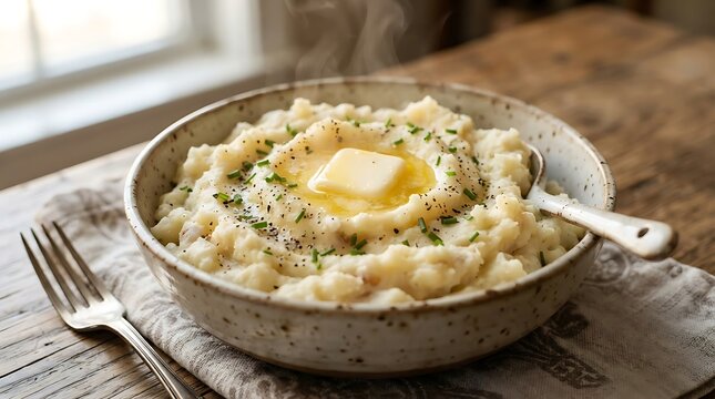 Creamy avocado mash bowl with a poached egg and spices served in a ceramic dish on a rustic wooden table top