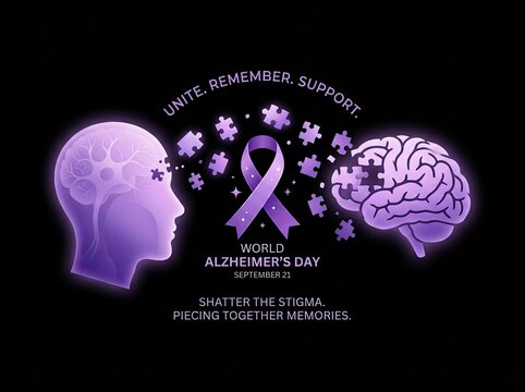 Glowing purple brain profile with puzzle pieces and ribbon ideal for health awareness campaigns symbolizing memory loss and Alzheimer support