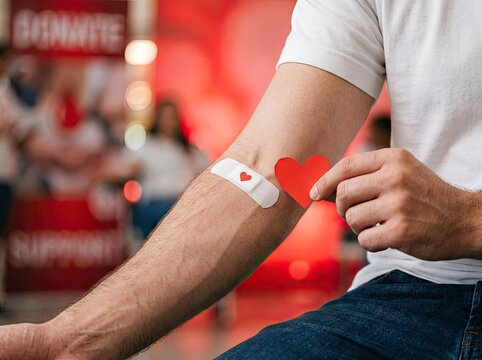 Person showing bandaged arm holding paper heart suitable for healthcare and charity campaigns symbolizing blood donation love and life saving