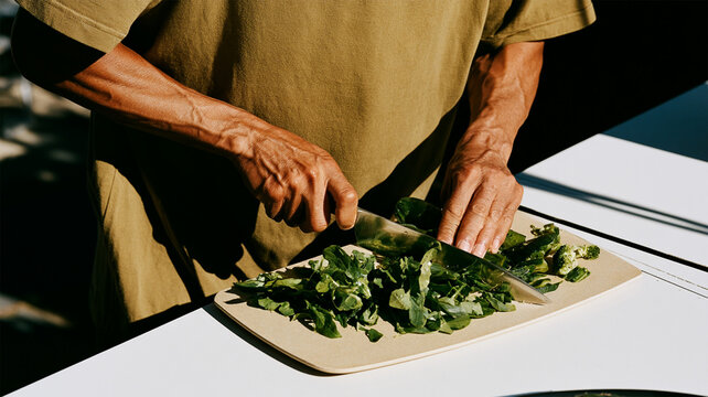 Person chopping fresh green vegetables on a cutting board in sunlight, healthy cooking and meal preparation with leafy greens for nutritious plant based food and clean eating
