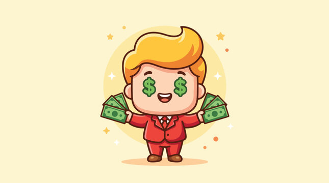 Cute Cartoon Boy Billionaire Holding Cash with Dollar Signs in Eyes Illustration.