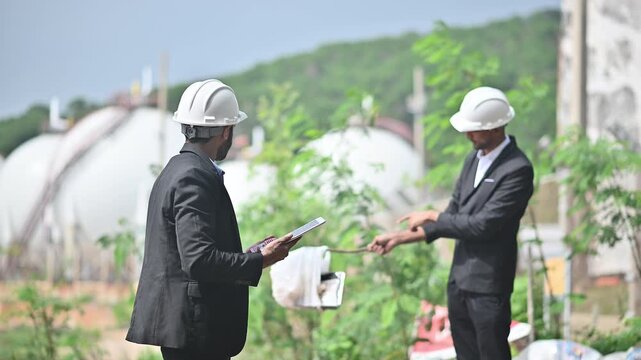 Engineers wearing safety gear, including hard hats examining survey a large blueprint tablet standing industrial facility gas or oil refinery engaged in a job requires high safety standards concept.	