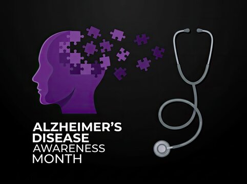Purple head silhouette with puzzle pieces next to a stethoscope suitable for medical campaigns symbolizing memory loss and brain health awareness