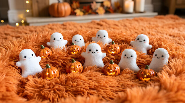 Adorable felt white ghosts and glowing jack o lanterns sit together on a fluffy orange rug