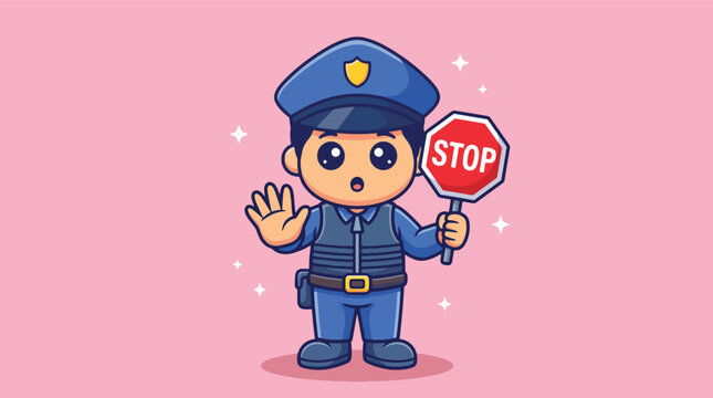 Cute police officer holding a stop sign illustration.