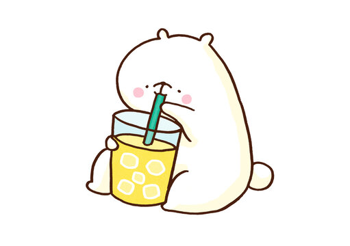 Polar bear drinking ice cold lemonade with a straw, summer hydration or refreshing break concept