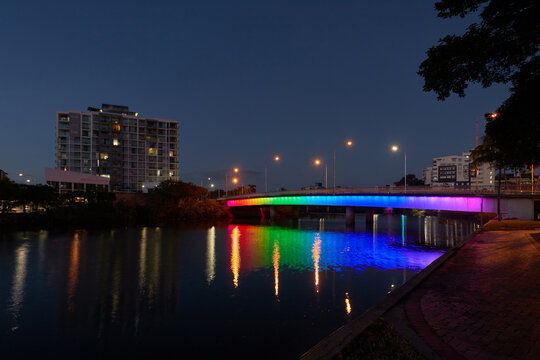 Colourful lit up bridge dawn twilight