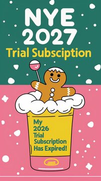  vertical 2D flat art New Year party invitation, text header reads "NYE 2027: My 2026 Trial Subscription Has Expired!"