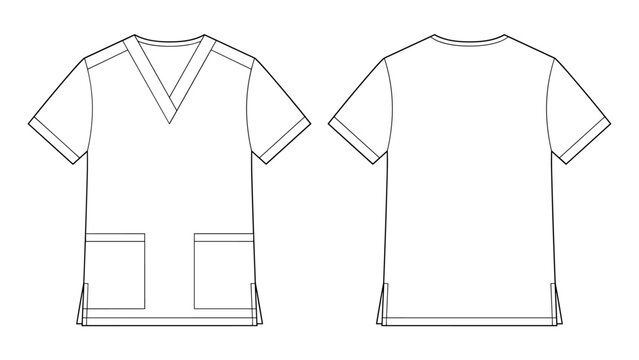 v-neck medical scrub top fashion flat sketch vector illustration front and back view technical cad drawing template