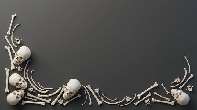 Human skulls and scattered bones arranged in a corner frame on a dark grey background for Halloween
