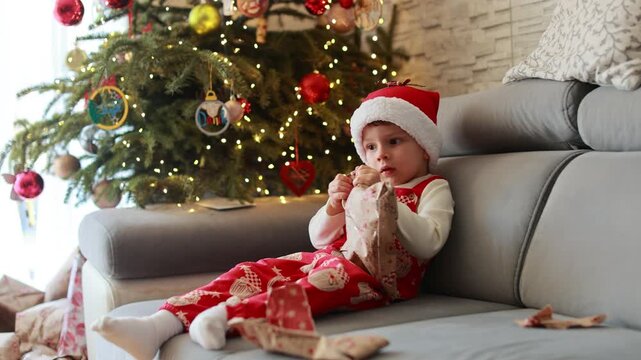 Happy child on Christmas, enjoying some quality time, opening presents, kids and adults with pet dog on Christmas eve in decorated home