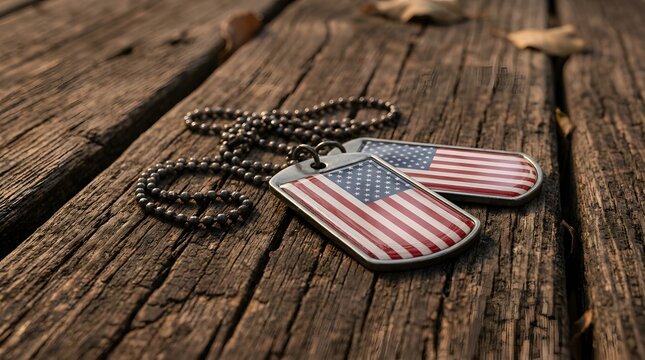 American flag dog tags resting on rustic wooden boards to honor military service during the annual veterans day observance