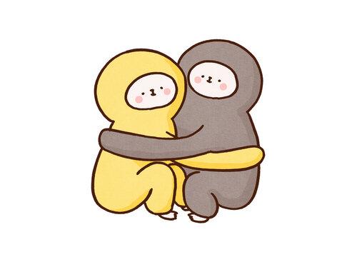Two gibbons hugging each other with their long arms, close friendship or family love bond concept