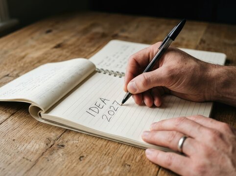 Hand writing IDEA 2027 in a notebook suitable for strategic planning content symbolizing future vision goal setting and corporate success