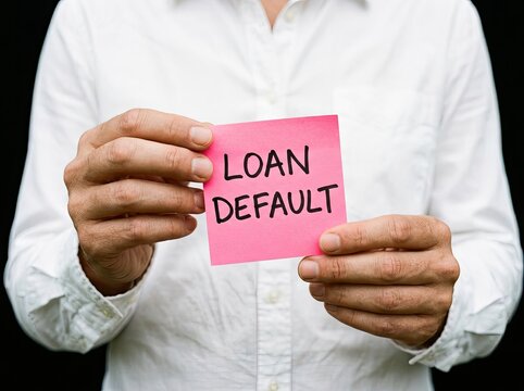 Person holding a pink paper reading loan default suitable for financial risk and debt content symbolizing economic crisis and nonpayment