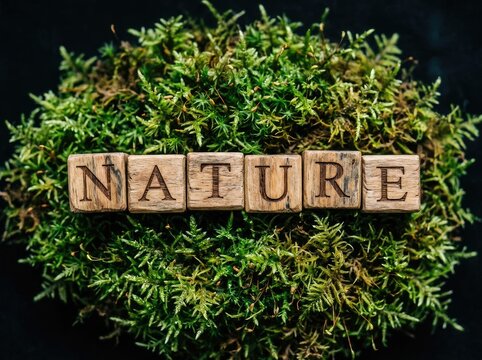 Wooden blocks spelling nature on green moss perfect for environmental eco campaigns symbolizing organic growth and sustainability