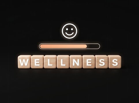 Wooden wellness blocks below loading bar with smile icon ideal for health marketing symbolizing mental improvement and personal growth