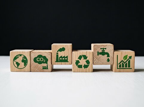 Wooden blocks with green eco icons suitable for ESG and environmental business content symbolizing sustainable growth and green transition