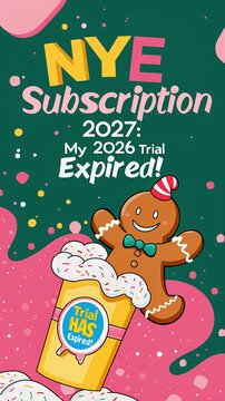  vertical 2D flat art New Year party invitation, text header reads "NYE 2027: My 2026 Trial Subscription Has Expired!"