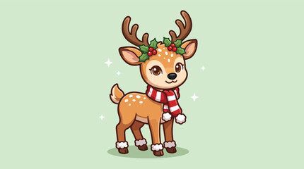 Fototapeta premium Cute cartoon baby reindeer wearing a festive red scarf and holly wreath on a light green background.