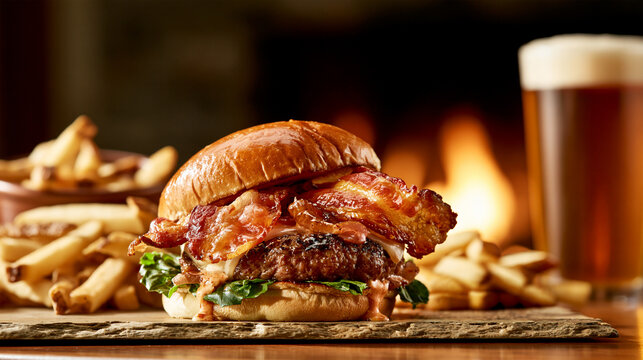 Juicy bacon cheeseburger with crispy fries and cold beer, classic American pub food with grilled beef, melted cheese and smoky bacon in a warm restaurant setting