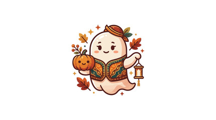 Fototapeta premium Folk vest ghost holding lantern and pumpkin.