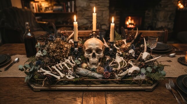 Elegant dark centerpiece featuring skull and antlers amidst candles and greenery on rustic table with candles dark wooden table set against cozy